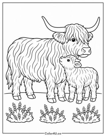 Highland Cow and Her Calf coloring page