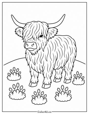 Highland Cow on a Heather Hill coloring page