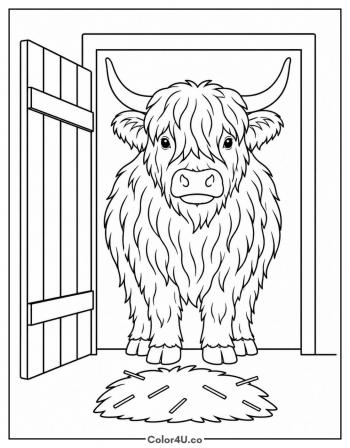Highland Cow in the Barn Doorway coloring page