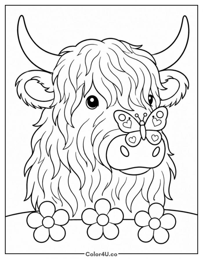 Highland cow with a butterfly on its nose, medium coloring page, free printable