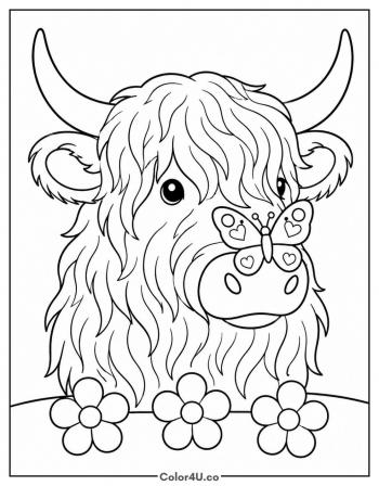 Highland Cow with a Butterfly on Its Nose coloring page