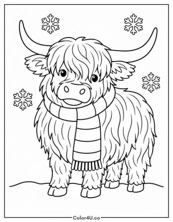 Highland Cow in a Knitted Scarf coloring page