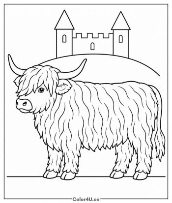 Highland Cow Below a Scottish Castle coloring page