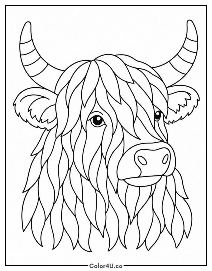 Detailed Highland cow portrait with flowing hair, hard coloring page, free printable