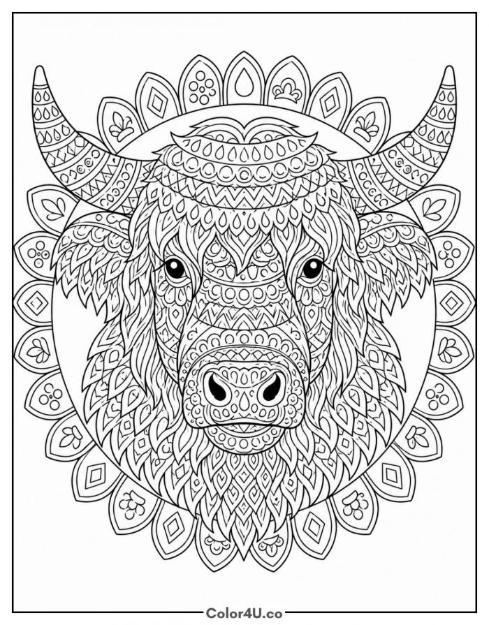 Highland cow mandala head, hard coloring page for adults, free printable