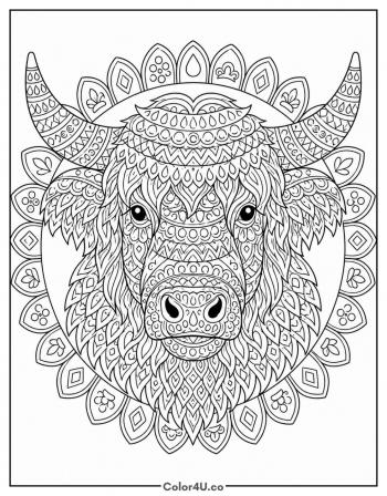 Highland Cow Mandala Head coloring page