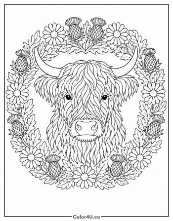 Highland Cow in a Floral Wreath coloring page