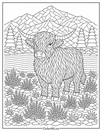Highland Cow in the Scottish Highlands coloring page