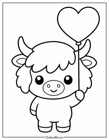 Highland Cow with a Heart Balloon coloring page