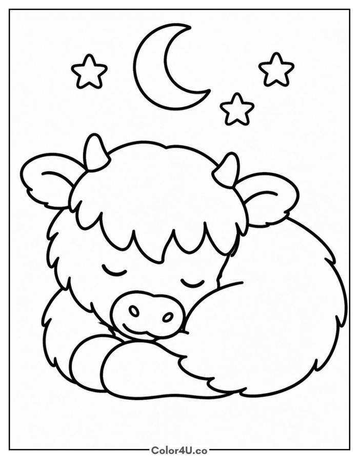 Sleeping baby Highland cow under a moon, easy coloring page, free printable