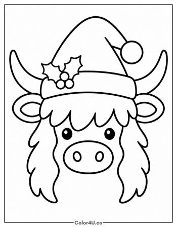 Highland Cow in a Santa Hat coloring page