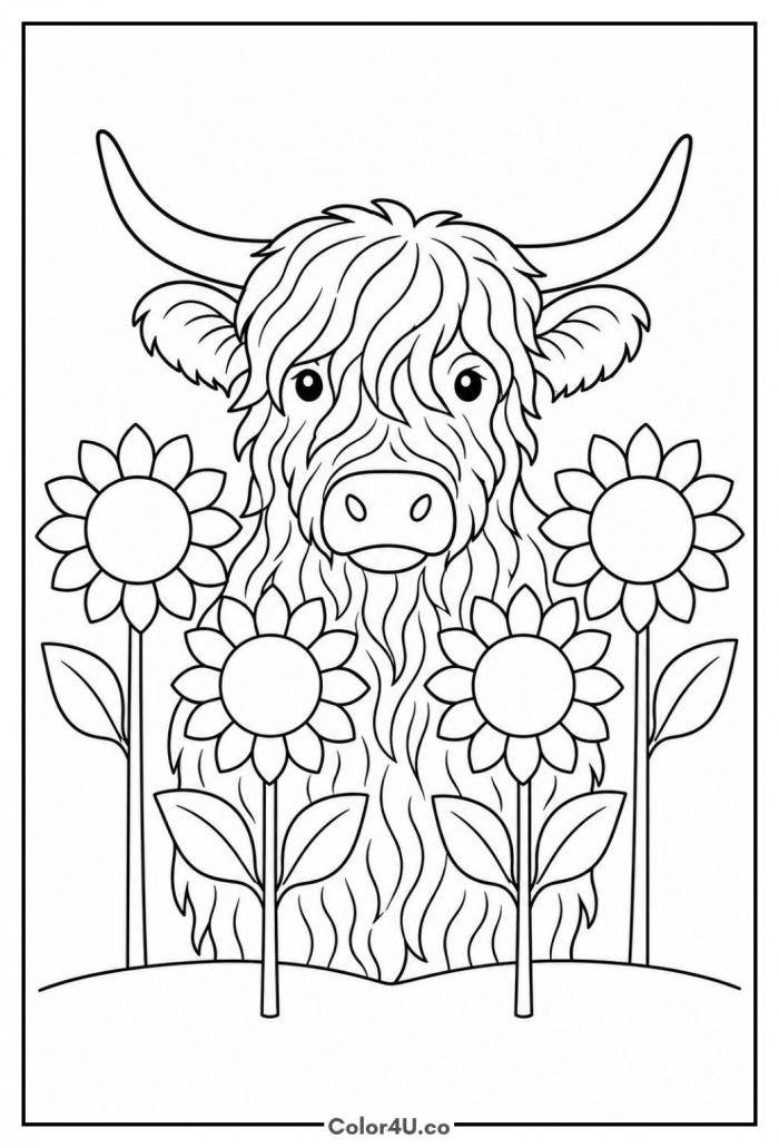 Highland cow among sunflowers, medium coloring page, free printable