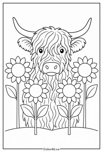 Highland Cow Among Sunflowers coloring page