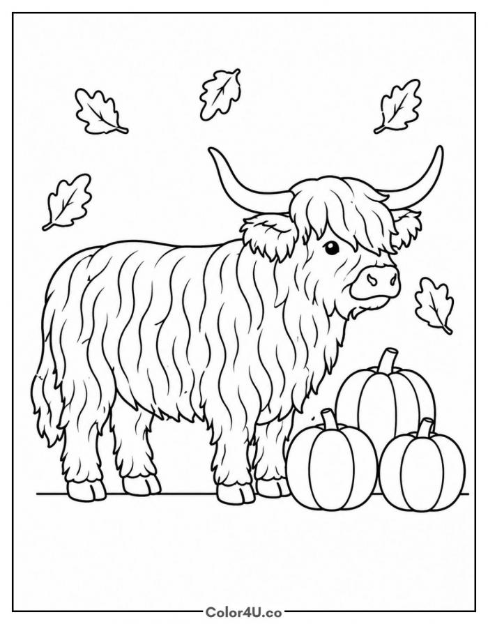 Highland cow with autumn pumpkins and falling leaves, medium coloring page, free printable