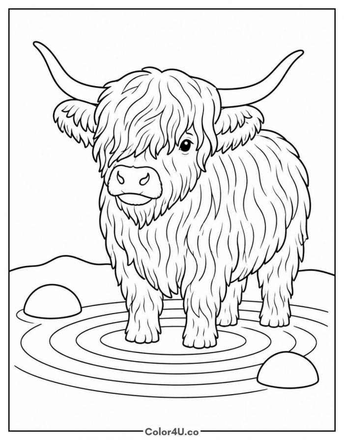 Highland cow wading in a stream, medium coloring page, free printable
