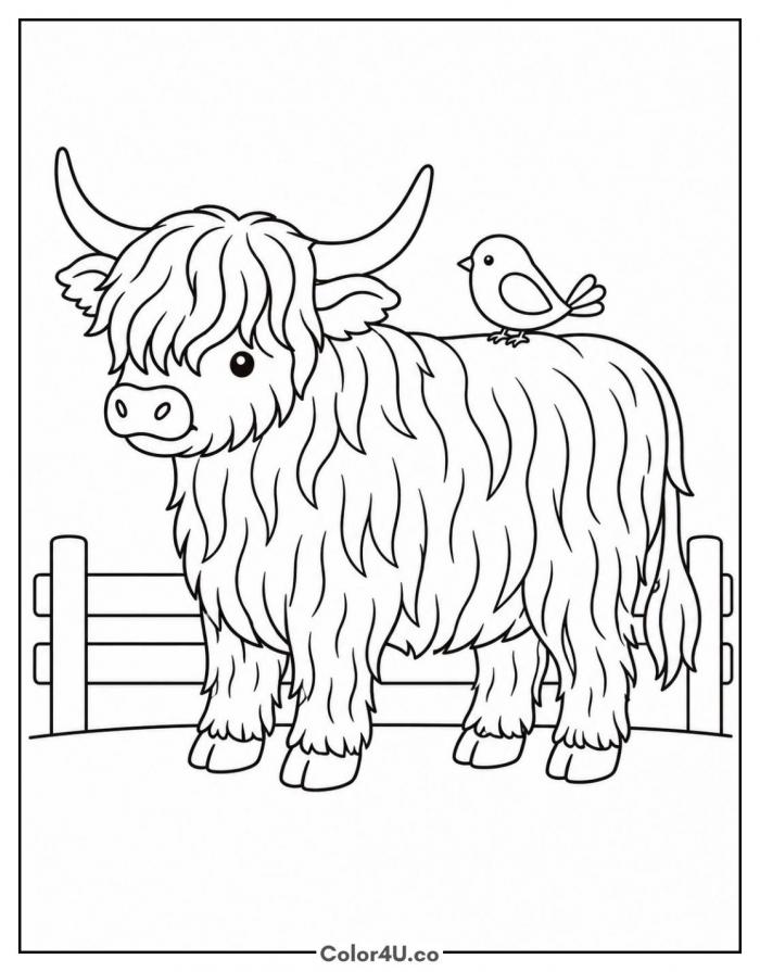 Highland cow with a bird on its back, medium coloring page, free printable