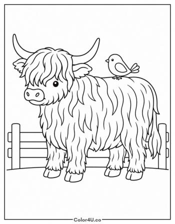 Highland Cow with a Bird on Its Back coloring page