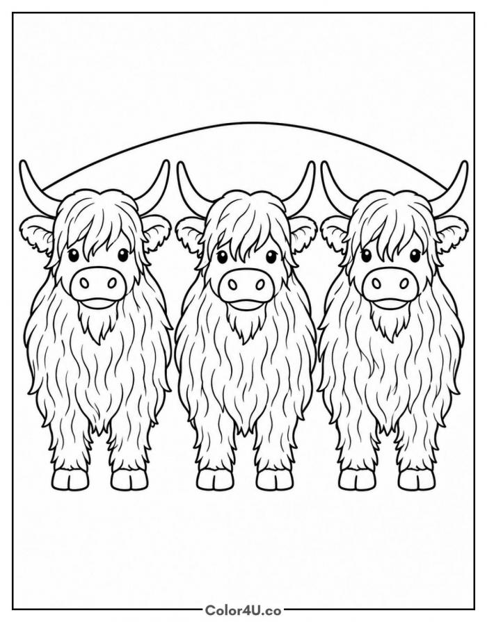 Three Highland cows standing in a row, medium coloring page, free printable