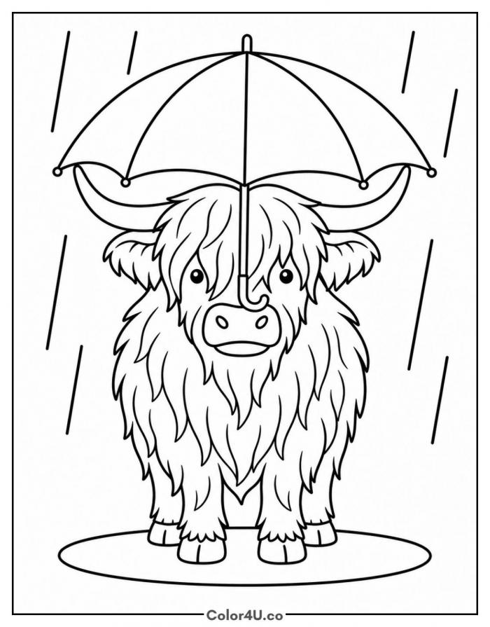 Highland cow standing under an umbrella in the rain, medium coloring page, free printable