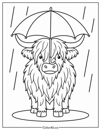 Highland Cow Under an Umbrella coloring page