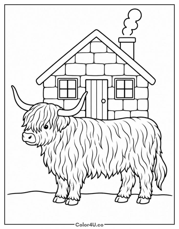 Highland cow by a stone cottage, medium coloring page, free printable