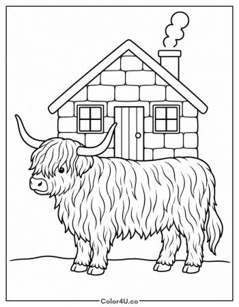 Highland Cow by a Stone Cottage coloring page
