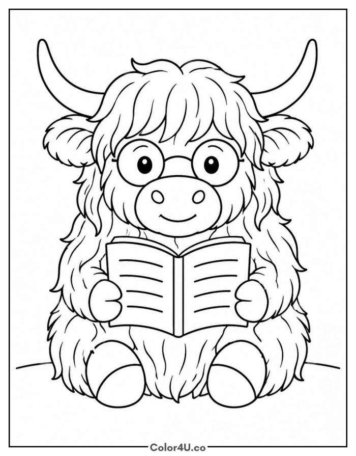 Highland cow reading a book in glasses, medium coloring page, free printable