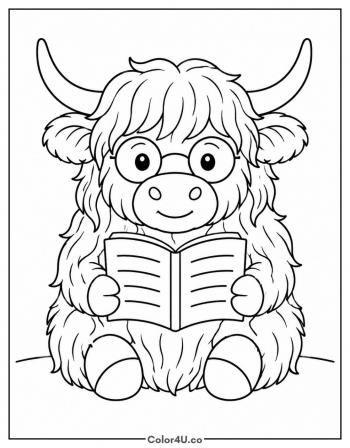 Highland Cow Reading a Book coloring page