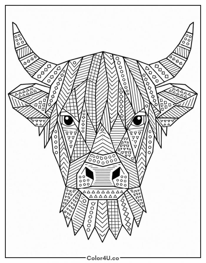 Geometric Highland cow head with patterns, hard coloring page for adults, free printable