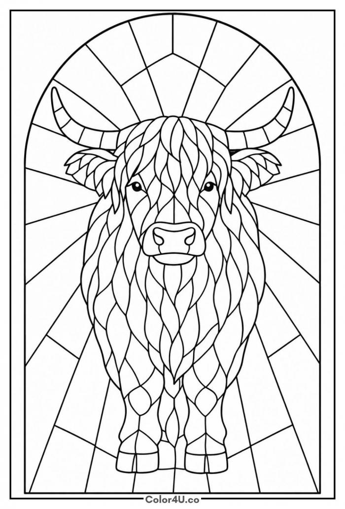 Stained glass Highland cow in an arched window, hard coloring page, free printable