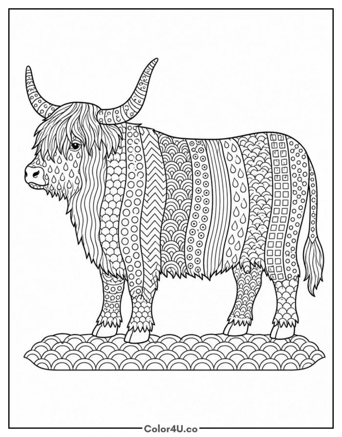 Patterned Highland cow full body with zentangle designs, hard coloring page, free printable