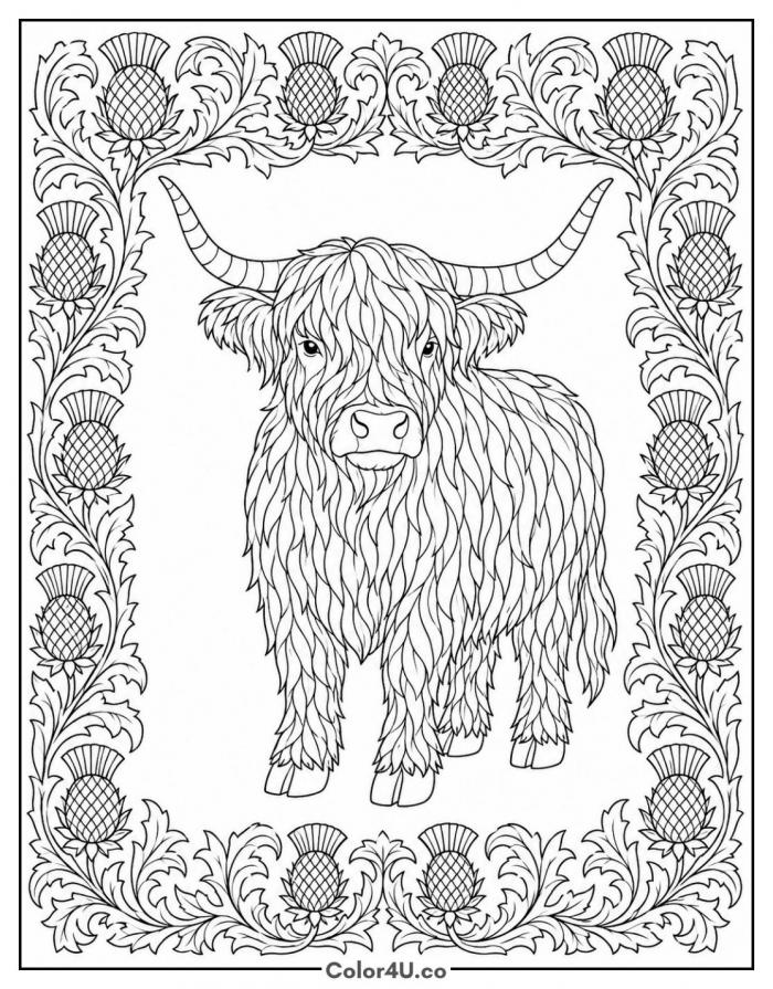 Highland cow in a thistle border, hard coloring page for adults, free printable