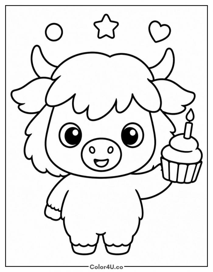 Highland cow holding a birthday cupcake, easy coloring page, free printable