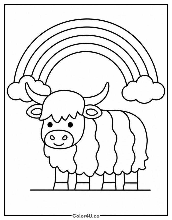 Highland cow standing under a rainbow, easy coloring page, free printable