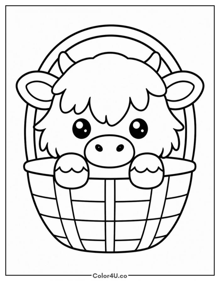 Mini Highland cow sitting in a woven basket, easy coloring page, free printable