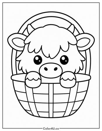 Mini Highland Cow in a Basket coloring page