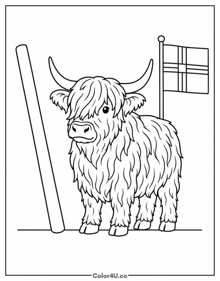 Highland cow at the Highland Games with a caber and flag, medium coloring page, free printable