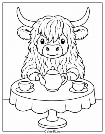 Highland Cow at a Cottage Tea Party coloring page