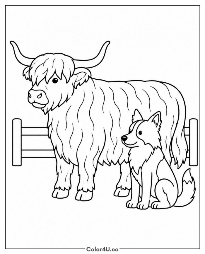 Highland cow with a sitting sheepdog, medium coloring page, free printable