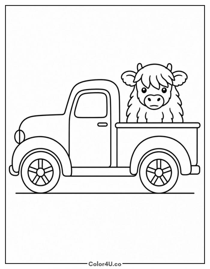 Highland calf riding in a pickup truck, easy coloring page, free printable