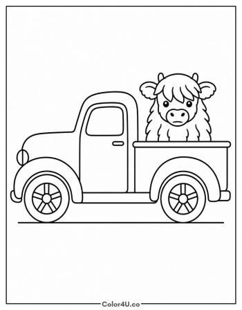 Highland Calf in a Pickup Truck coloring page