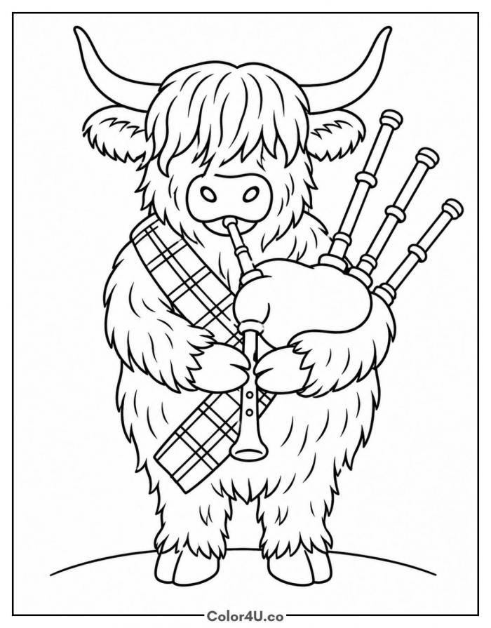 Highland cow playing the bagpipes in a tartan sash, medium coloring page, free printable