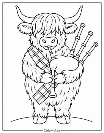 Highland Cow Playing the Bagpipes coloring page