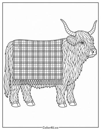 Highland Cow in a Tartan Blanket coloring page
