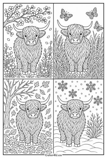 Highland Cow Through the Four Seasons coloring page