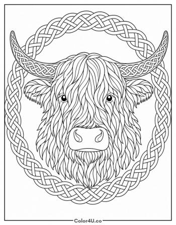 Highland Cow with Celtic Knotwork coloring page