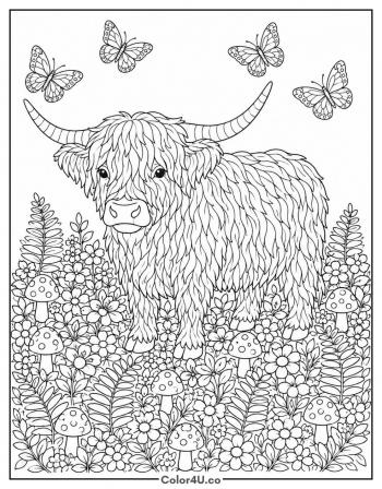 Cottagecore Highland Cow Meadow coloring page