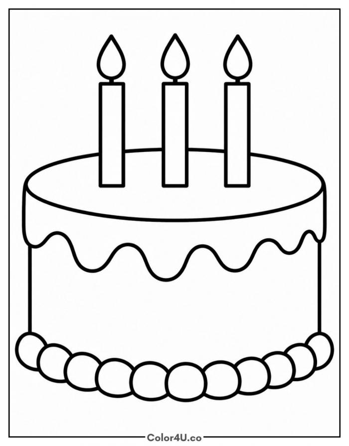 Birthday cake with three candles, easy coloring page, free printable