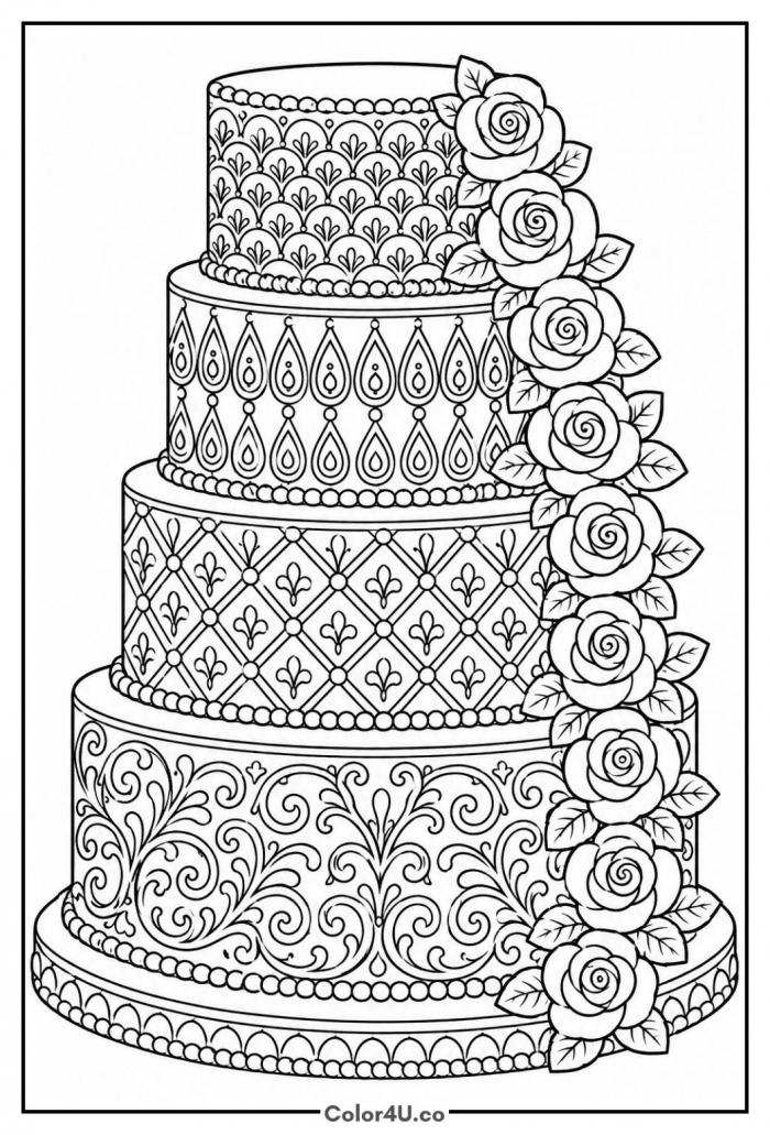 Floral wedding cake with lace piping, detailed coloring page, free printable