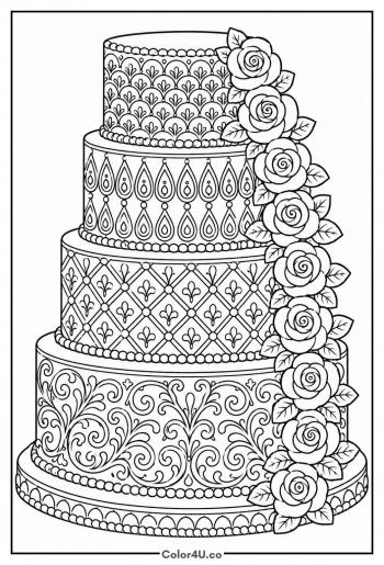 Floral Wedding Cake with Lace Piping coloring page